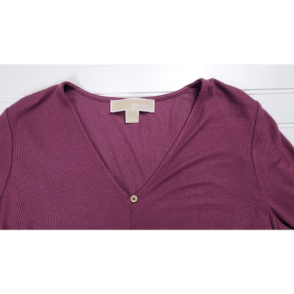 Michael Kors Ribbed V Neck Long Sleeve Tie‎ Front Top Burgundy Size Small - Picture 5 of 9